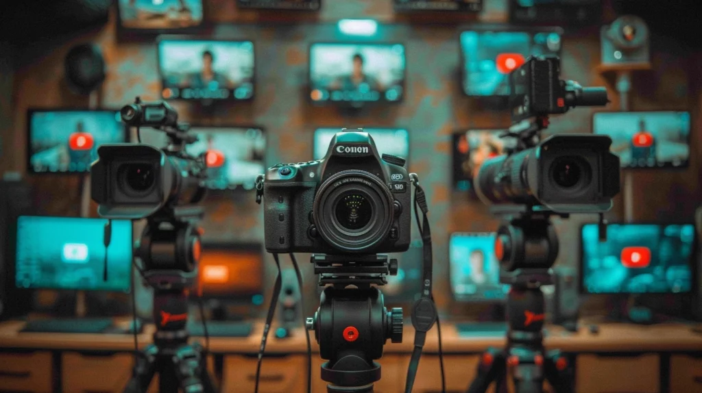 cameras set up to take video, screens in the background