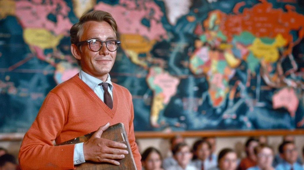 Elderly teacher with orange sweater teaching children geography.