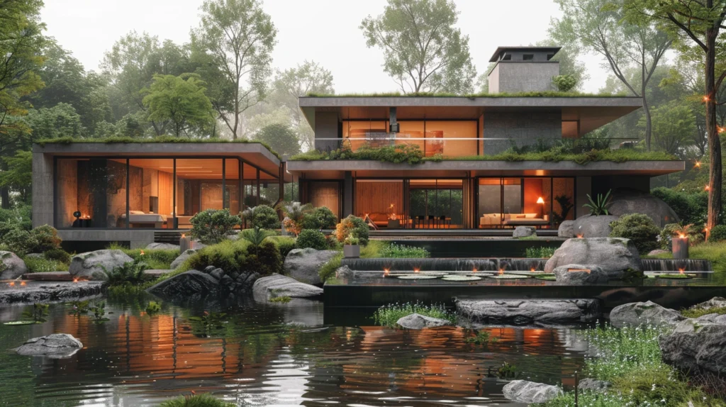 AI Real Estate Solutions of a modern contemporary home with a forest style pond in front