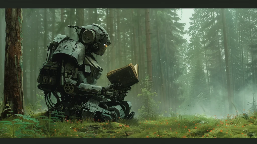 robot reading a book in the forest