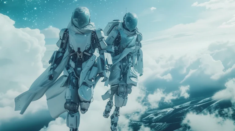 two celestial robots floating above the clouds