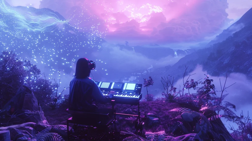 vr goggled pianist playing at the edge of a cliff with beautiful fantasy landscape