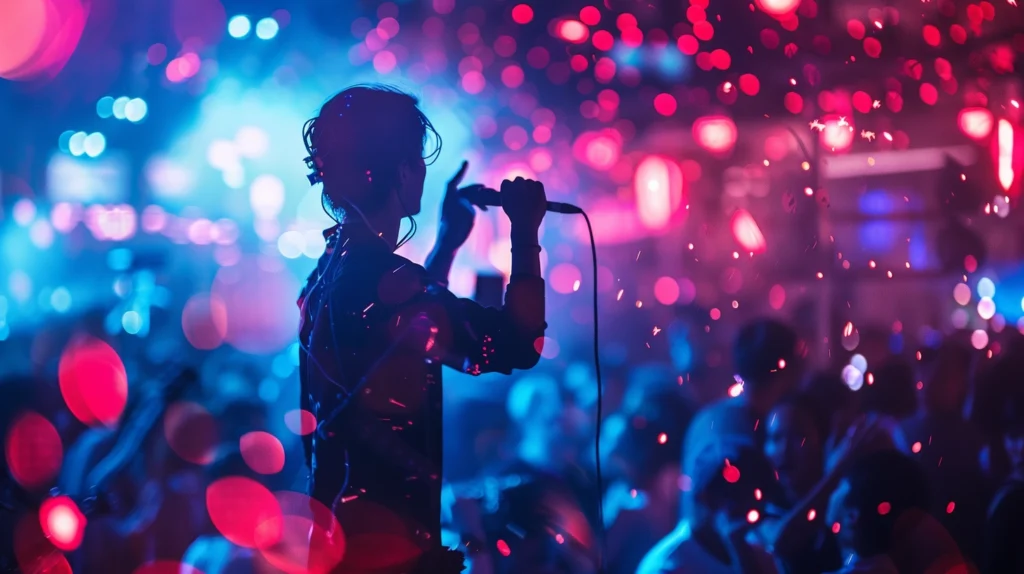 epic singer pointing out into the neon crowd