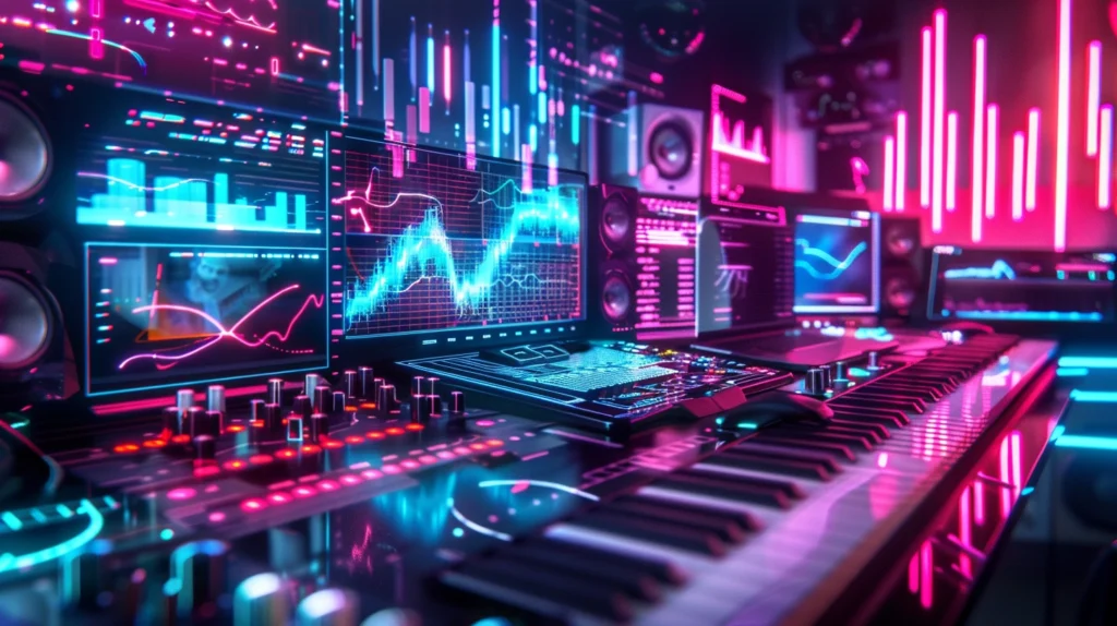 futuristic neon music production studio
