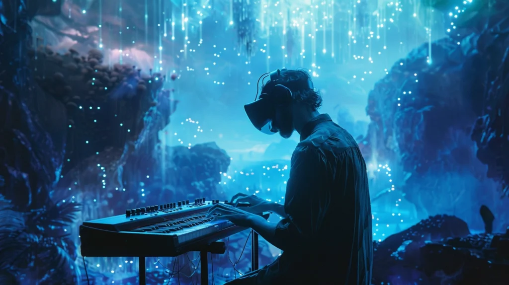 pianist with a vr headset in a glowing forest