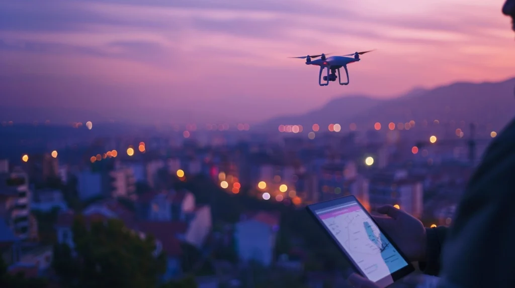 real estate photographer flying a drone for overhead shots