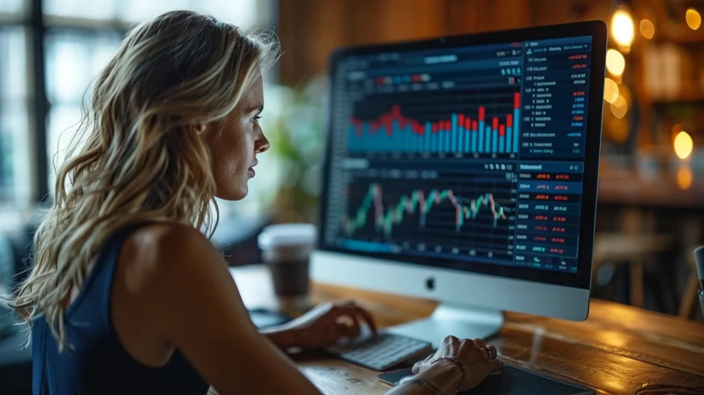 woman looking at her metrics on a desktop