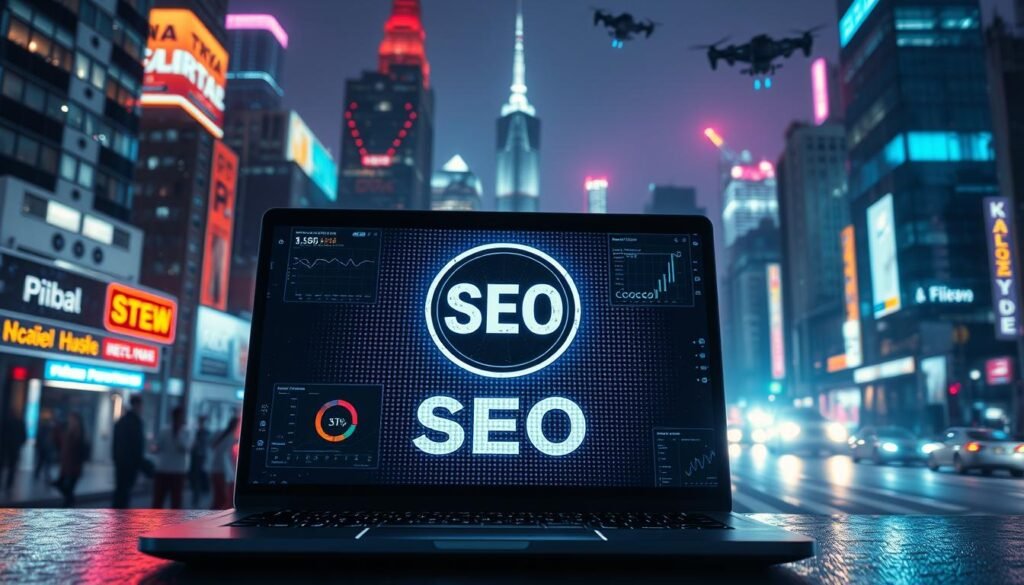 A bustling cityscape at night, neon lights casting a futuristic glow. In the foreground, a laptop displays analytics and data visualizations, representing the &amp;quot;Practical Case Study: Elevating a Web Design Agency's SEO&amp;quot;. The middle ground features a large, glowing &amp;quot;Primal Hustle SEO&amp;quot; logo, surrounded by a halftone pattern and grunge textures. The background showcases a Y2K cyberpunk atmosphere, with skyscrapers, flying vehicles, and a moody, black grunge overlay. Dramatic lighting, high contrast, and a 16:9 aspect ratio complete the graphic [TOPIC] concept.