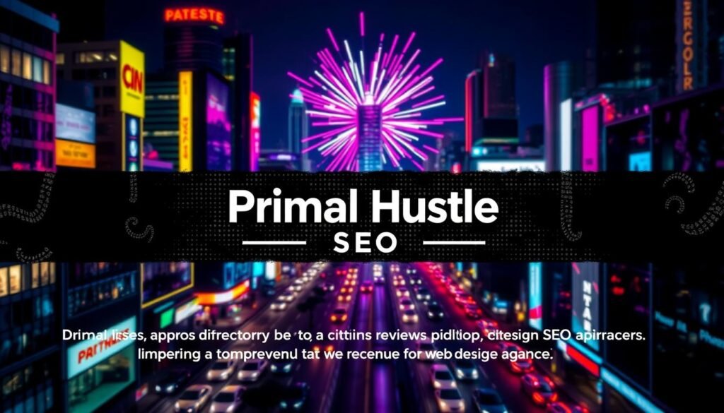 A vibrant cityscape at night, neon lights casting a futuristic glow on the streets below. In the foreground, the &amp;quot;Primal Hustle SEO&amp;quot; brand logo shines brightly, its halftone pattern creating a sense of energy and movement. The middle ground is filled with visual cues for local SEO strategies - directory listings, online reviews, and citation building. In the background, a black grunge texture adds depth and a Y2K cyberpunk atmosphere, complemented by a burst of colorful light rays. The overall image conveys the idea of a comprehensive local SEO approach to boost revenue for web design agencies.